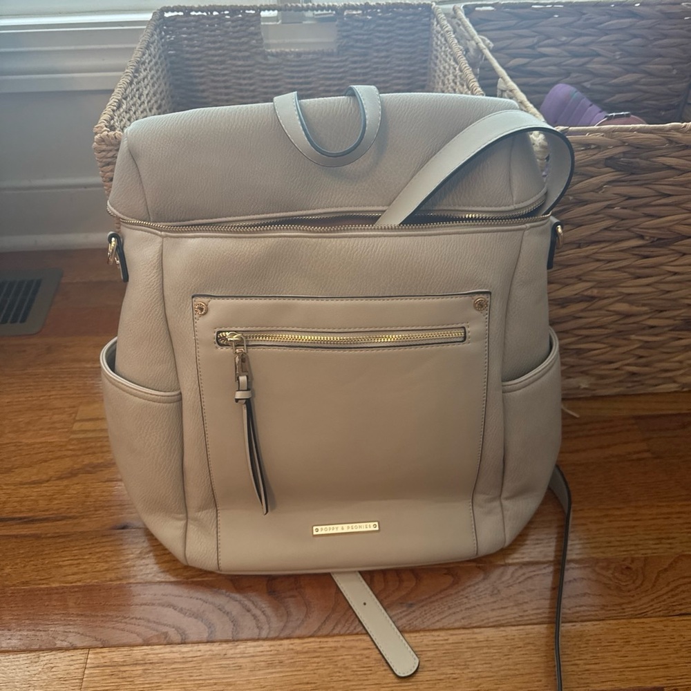 Poppy & Peonies Light Taupe Pebbled Leather Backpack